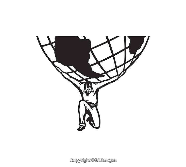 Black and White Line Art Illustration of Atlas Holding Up the Globe