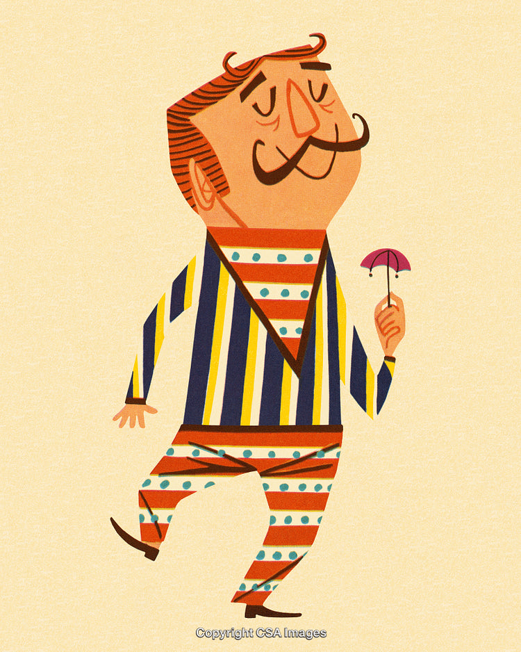 Colorful Cartoon Gentleman Holding Umbrella in Vibrant Patterned Attire