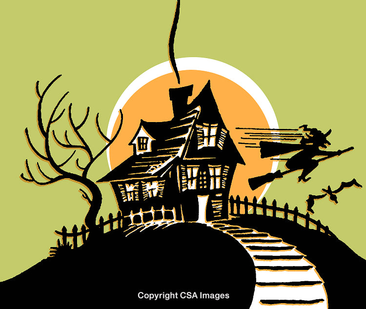 Vintage Halloween Illustration Featuring Witch and Haunted House
