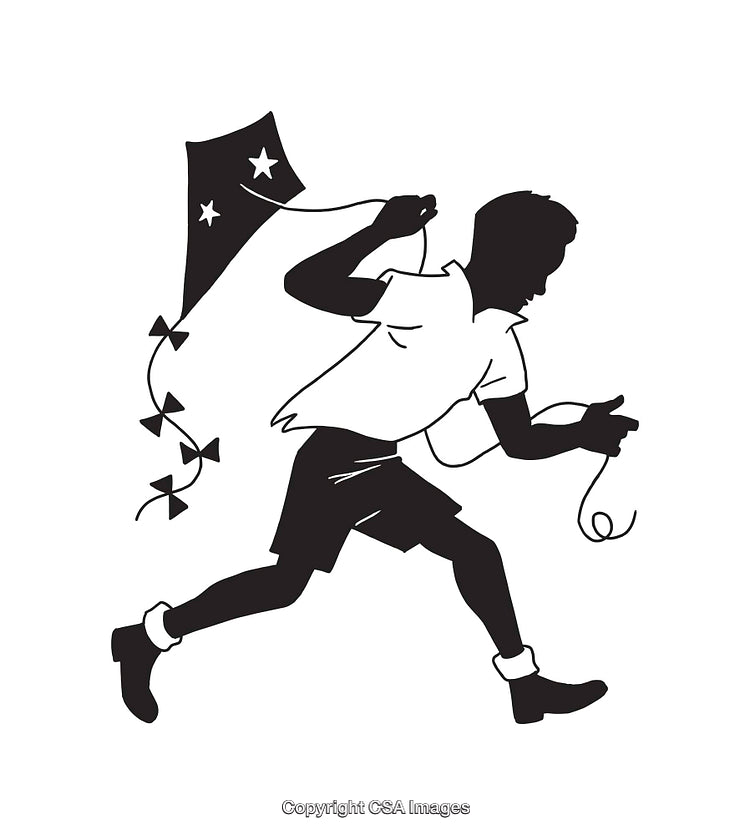 Black and White Silhouette of a Child Playing with a Kite Outdoors