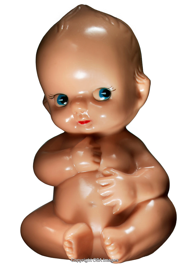 Vintage Plastic Baby Doll Figurine with Blue Eyes and Sitting Pose