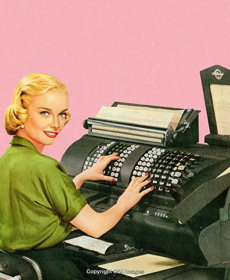 Retro Woman Operating Vintage Office Machine Against Pink Background