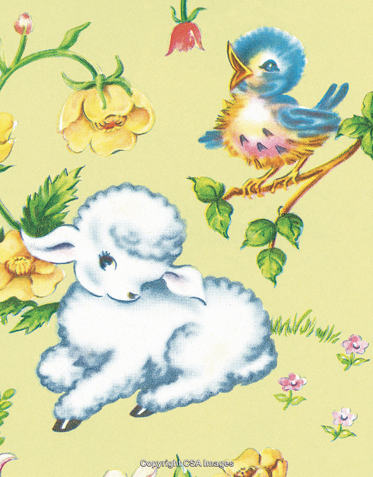 Adorable Lamb and Singing Bird with Floral Background Illustration