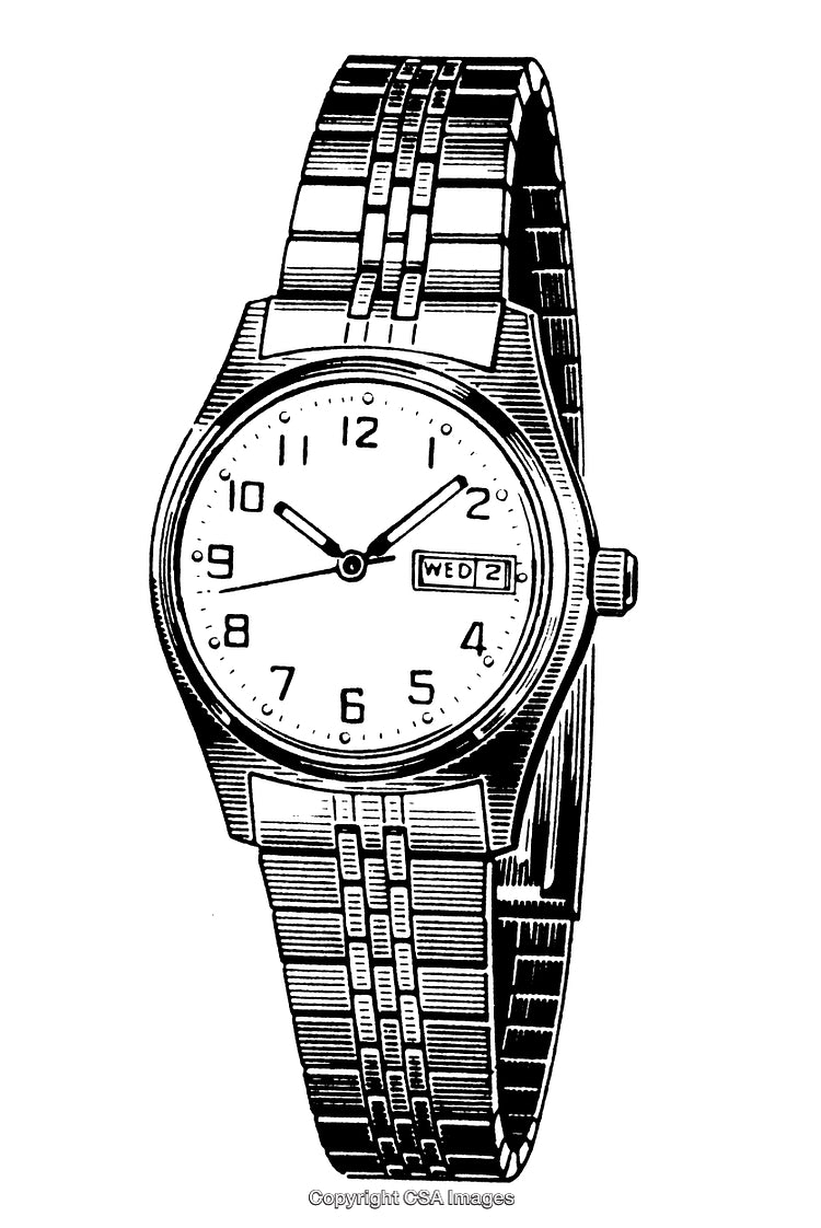 Detailed Black and White Engraving of a Classic Wrist Watch Illustration