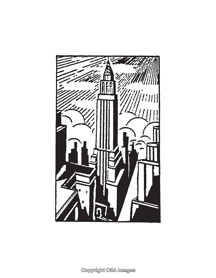 Black and White Line Art Illustration of a City Skyline