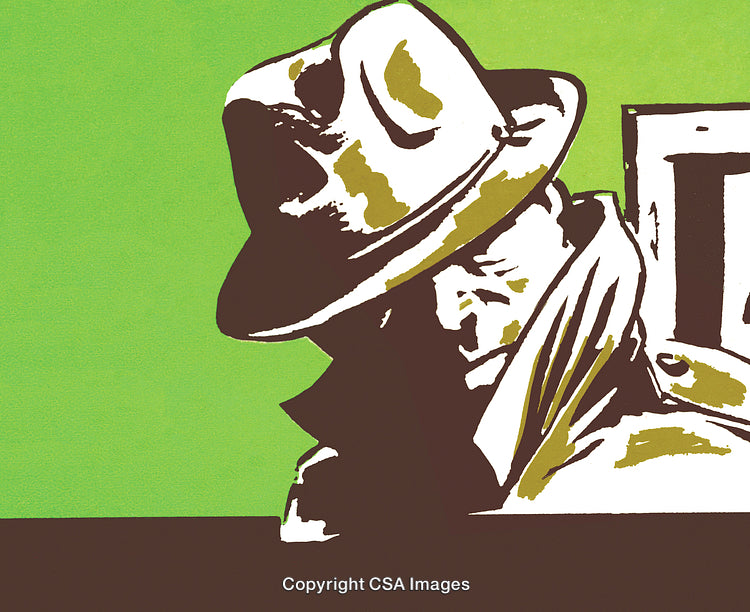 Mysterious Detective in Fedora Hat Against Bold Green Background