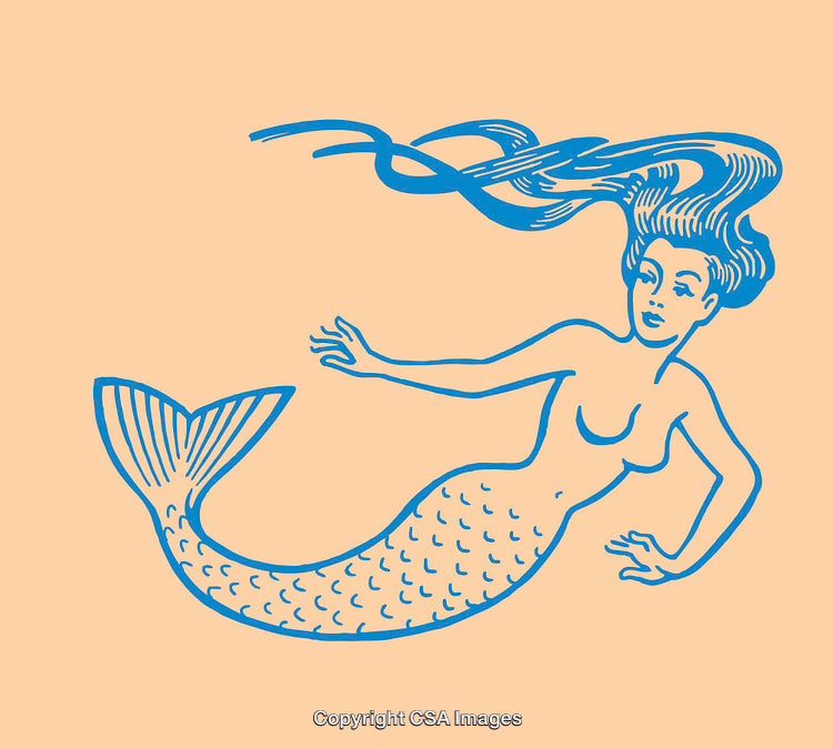 Blue Line Art Illustration of a Mermaid With Flowing Hair on Peach Background