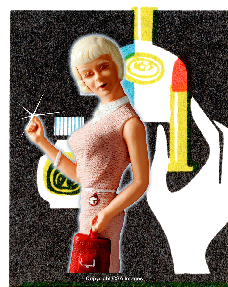Plastic Figurine in Retro Style with Artistic Background Elements
