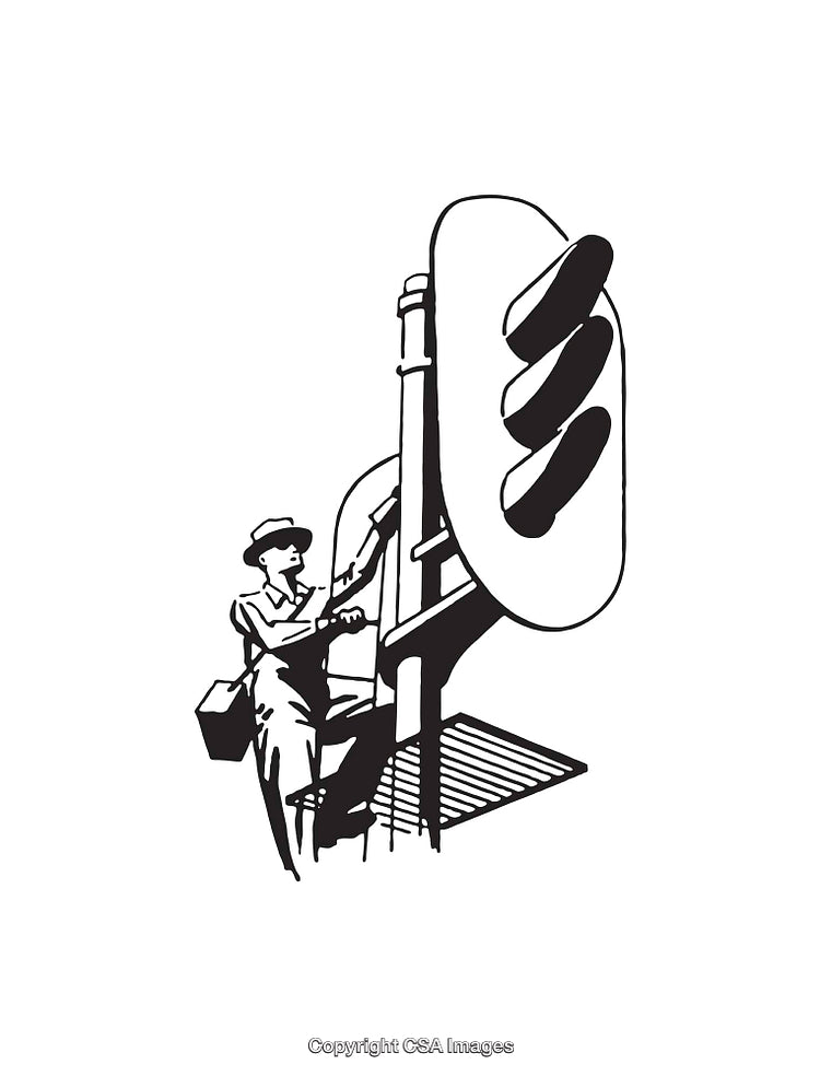 Vintage Line Art Illustration of Worker Adjusting a Traffic Signal
