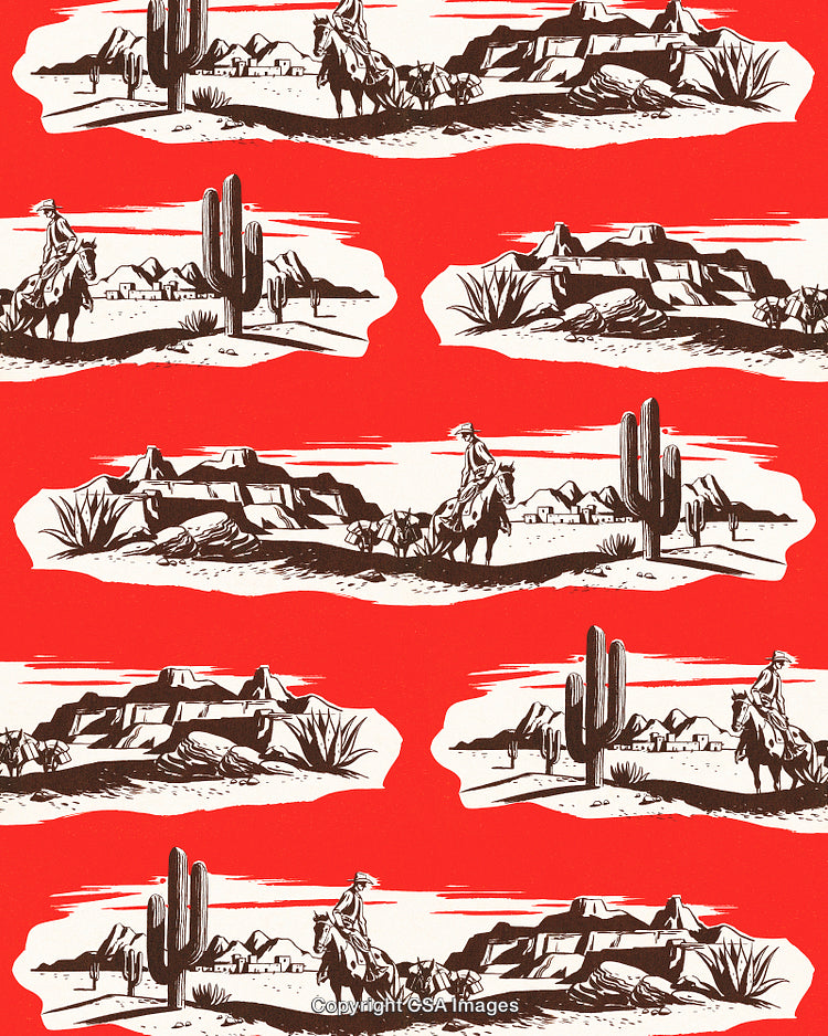 Western Desert Landscape Pattern with Cowboys and Cacti in Vibrant Colors