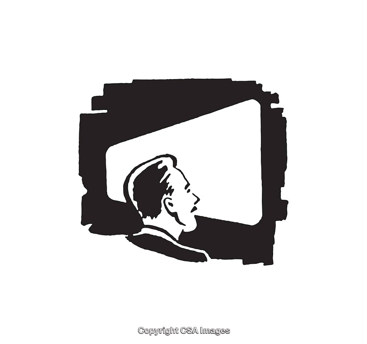 Retro Line Art Illustration of a Person Watching a Film Screen