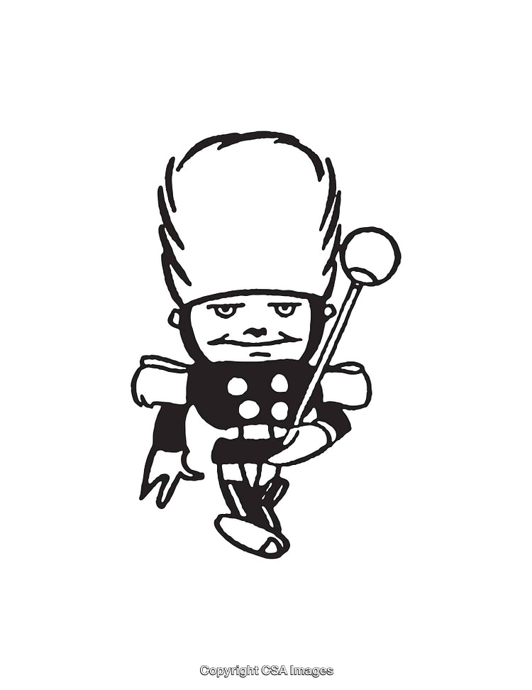 Black and White Illustration of a Toy Soldier Carrying a Baton