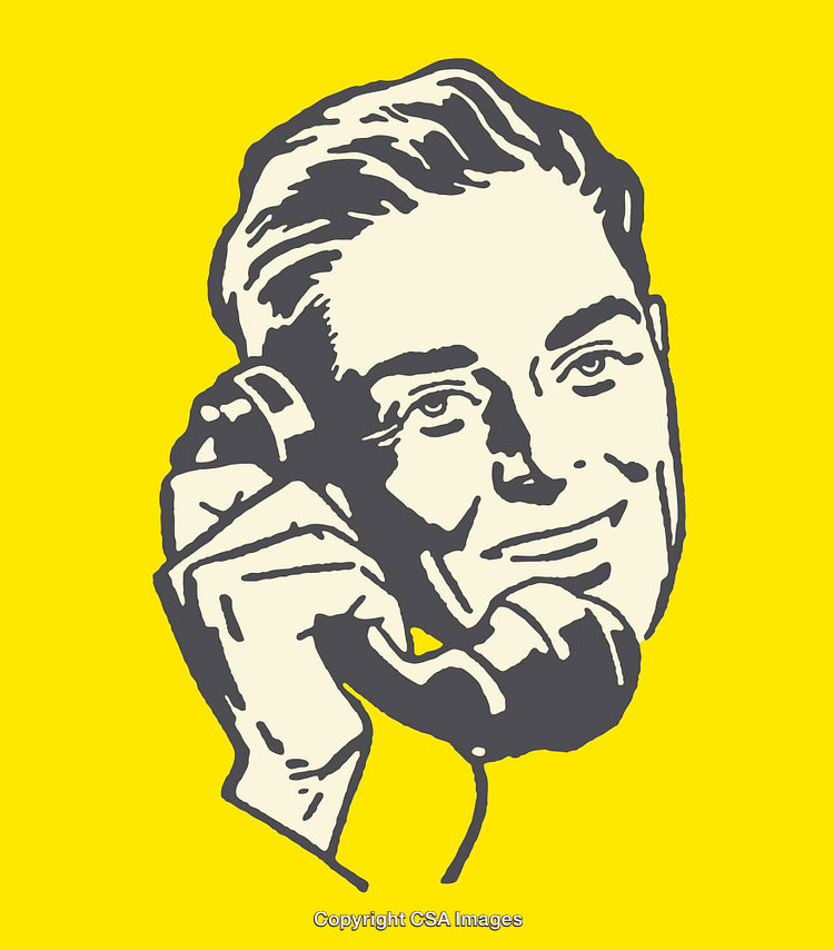 Retro Line Art Illustration of Man Speaking on Telephone