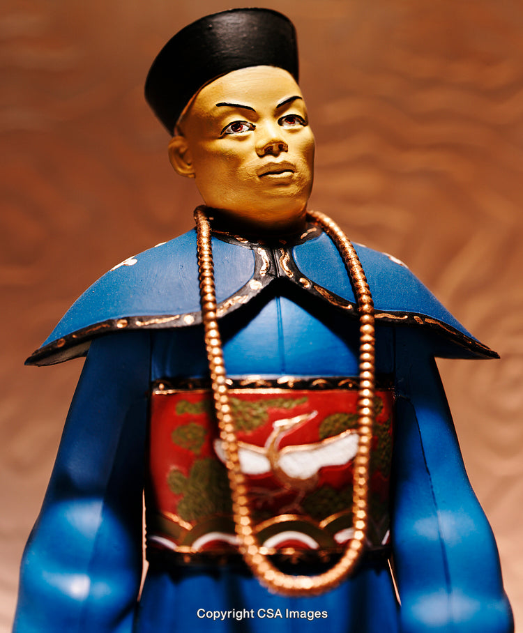 Traditional Figurine in Blue Robe with Ornamental Detail and Beaded Necklace