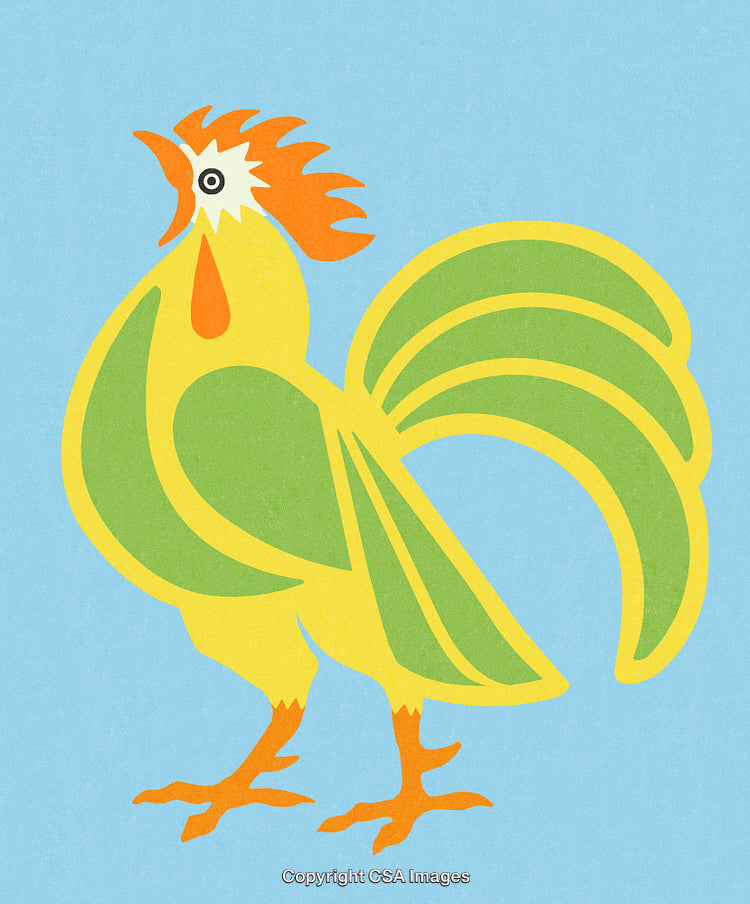 Colorful Illustration of a Rooster on a Bright Blue Background