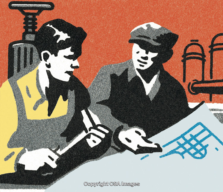 Illustration of Two Workers Discussing a Blueprint in a Workshop Setting