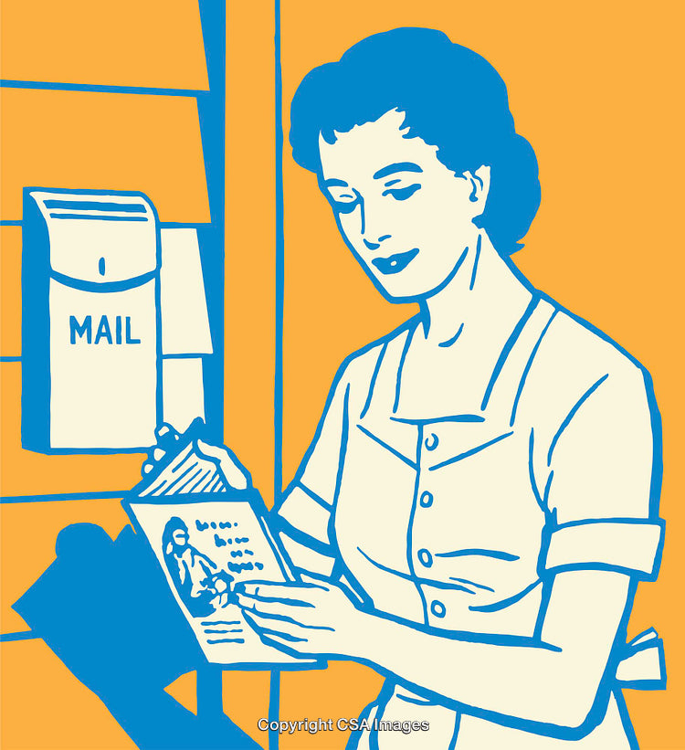 Woman Opening Mailbox and Reading a Letter Retro Style