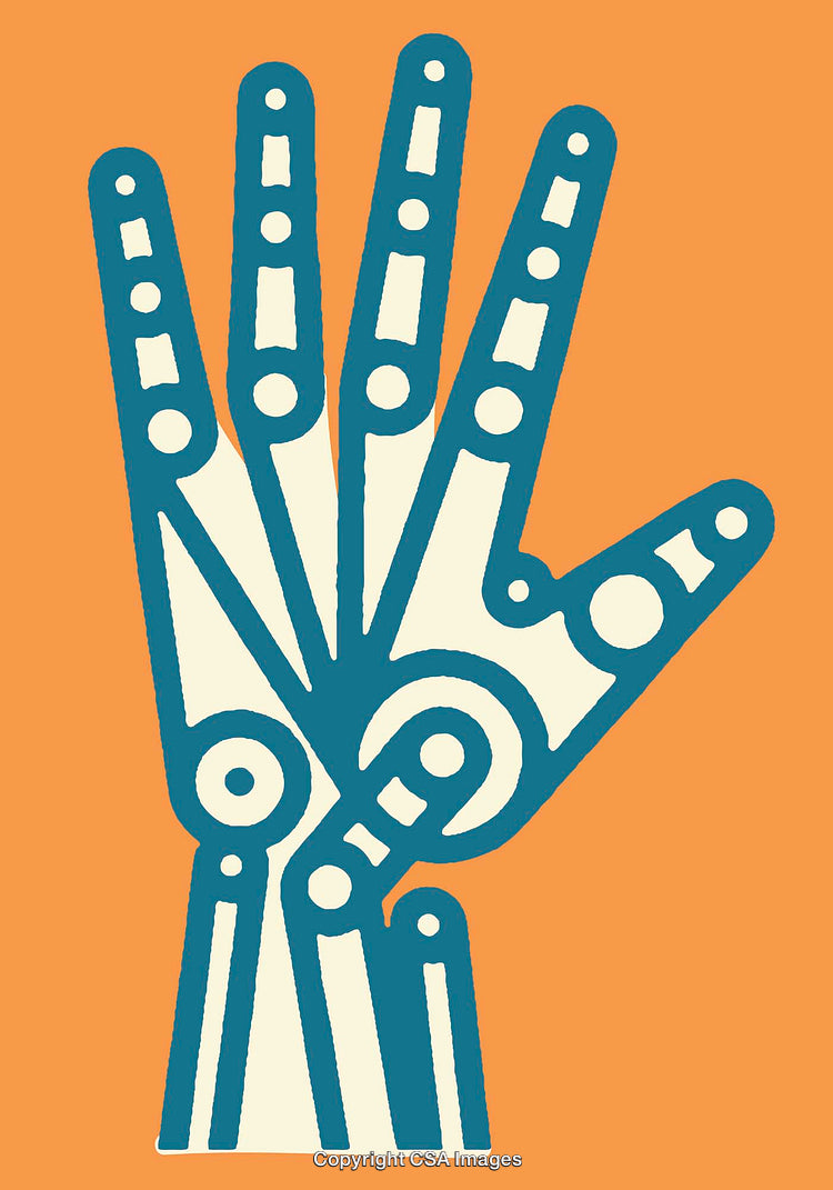 Abstract Robotic Hand Illustration on Vibrant Orange Background