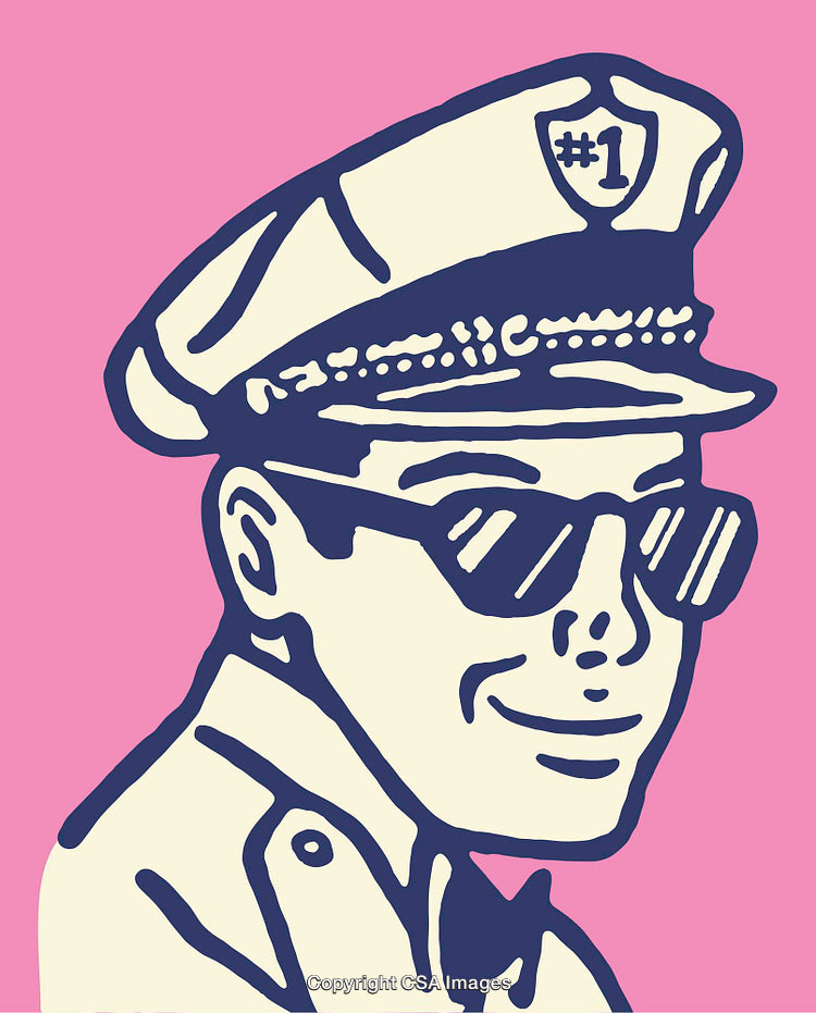 Colorful Line Art Illustration of a Smiling Police Officer in Vintage Style