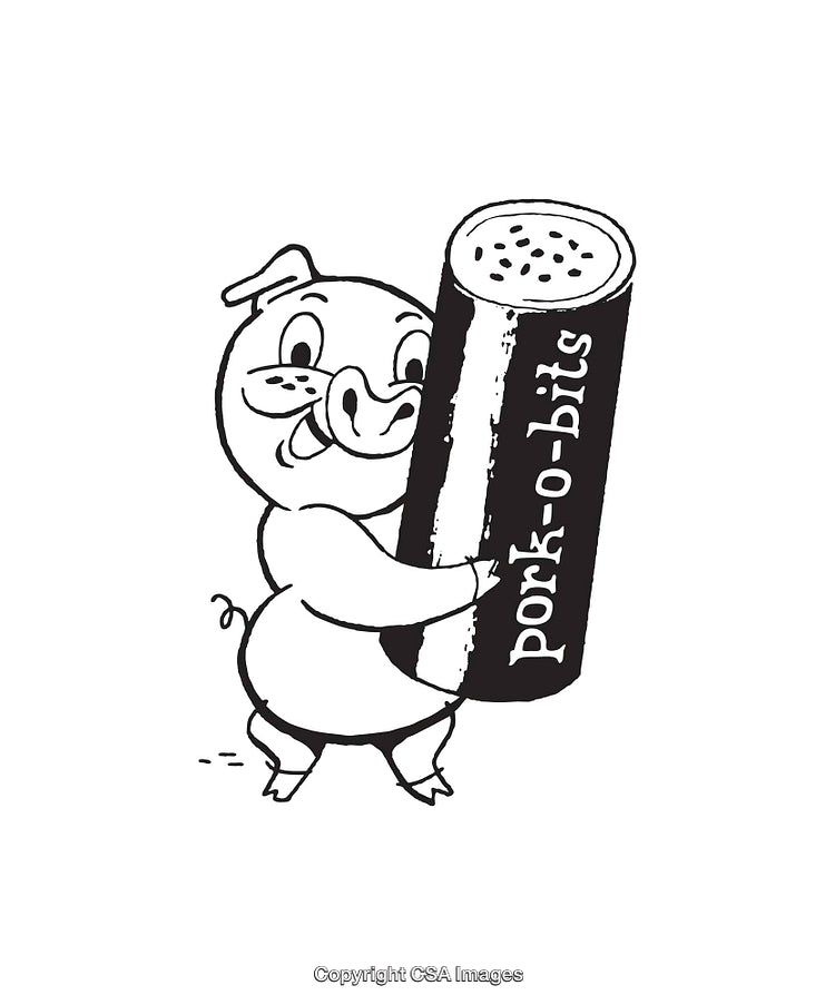 Cute Pig Holding Sausage in Black and White Line Art Illustration