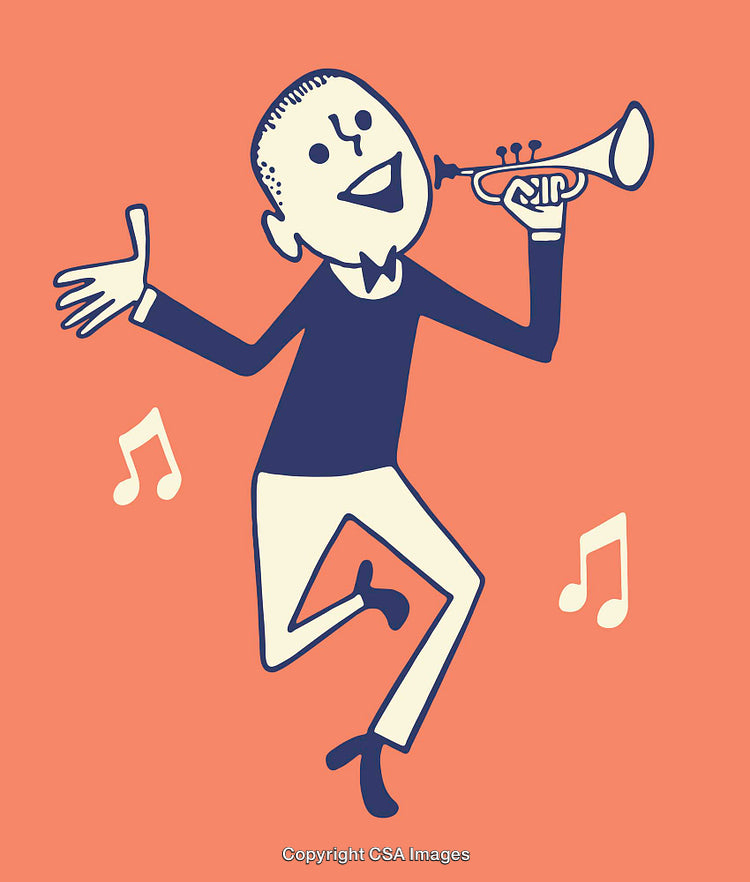Cartoon Figure Playing Jazz Trumpet with Musical Notes Illustration
