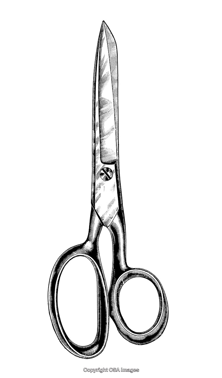 Detailed Black and White Engraving of Vintage Scissors Isolated on White Background
