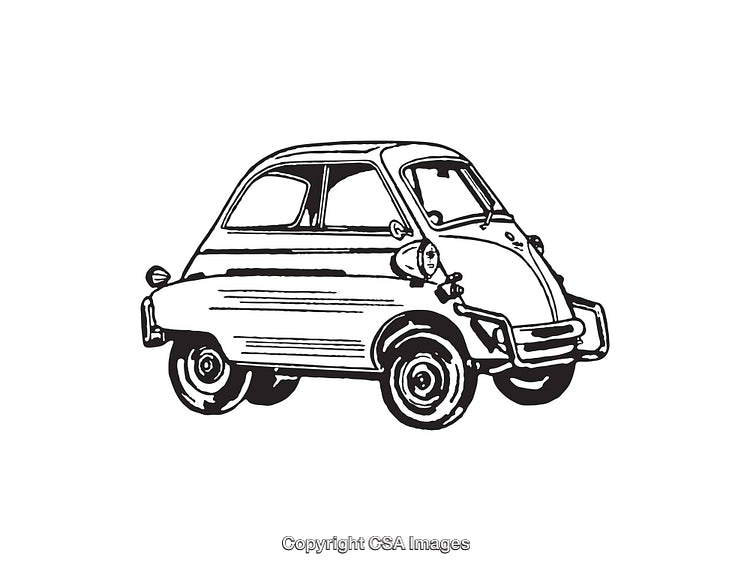 Vintage Microcar Hand-Drawn Line Art Illustration in Black and White