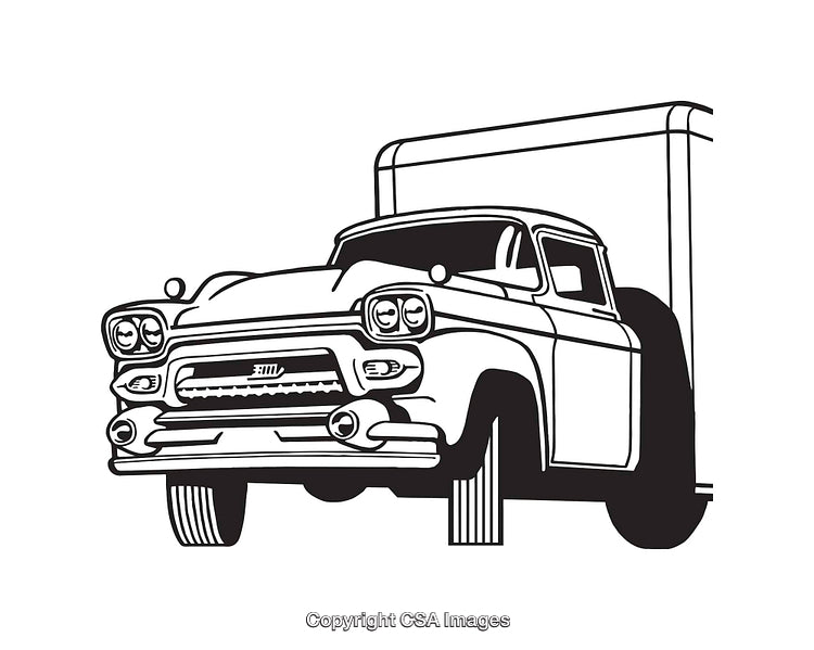 Black and White Line Art of a Vintage Pickup Truck Illustration