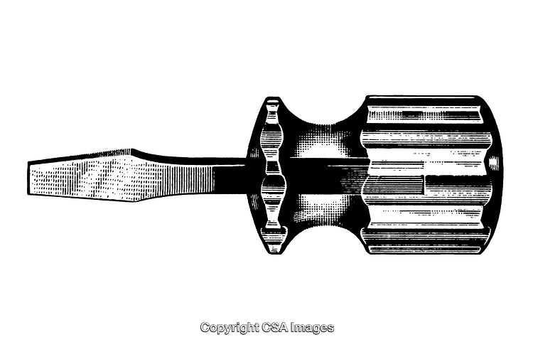 Black and White Engraved Screwdriver Illustration in Retro Style