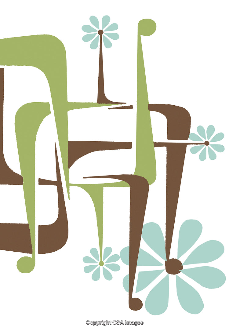 Retro Abstract Design with Green and Brown Geometric Shapes and Flowers