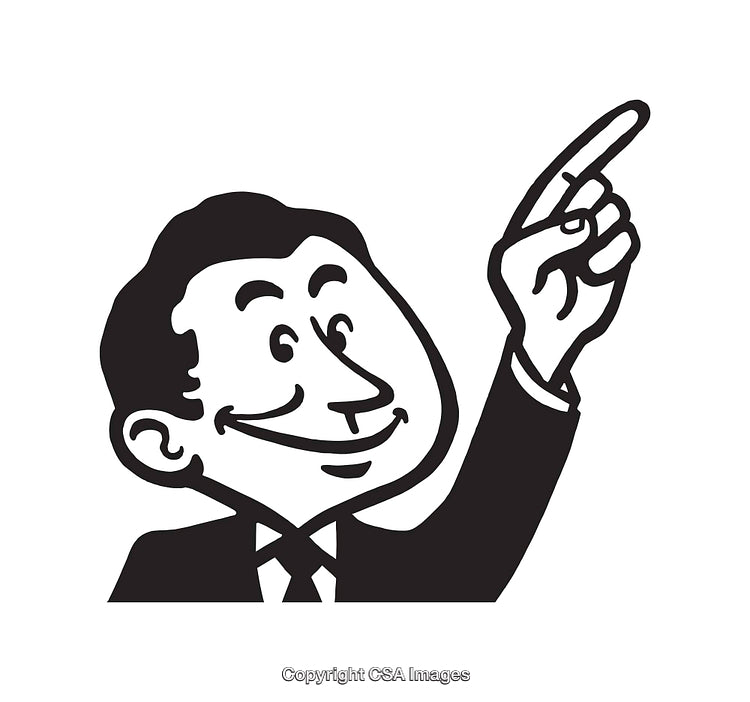 Black and White Illustration of a Smiling Businessman Pointing Upwards