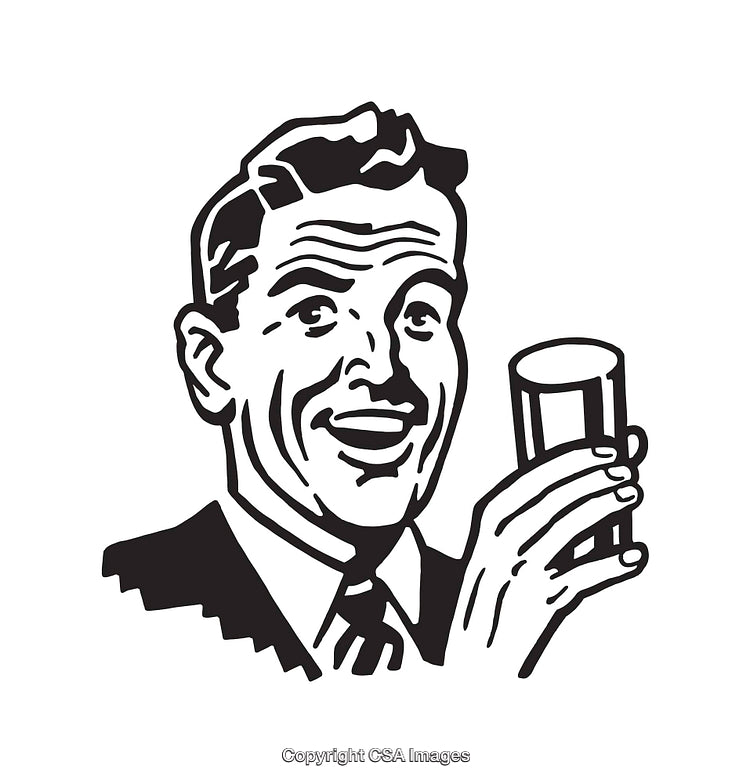 Retro Style Black and White Artwork of a Cheerful Man with Drink