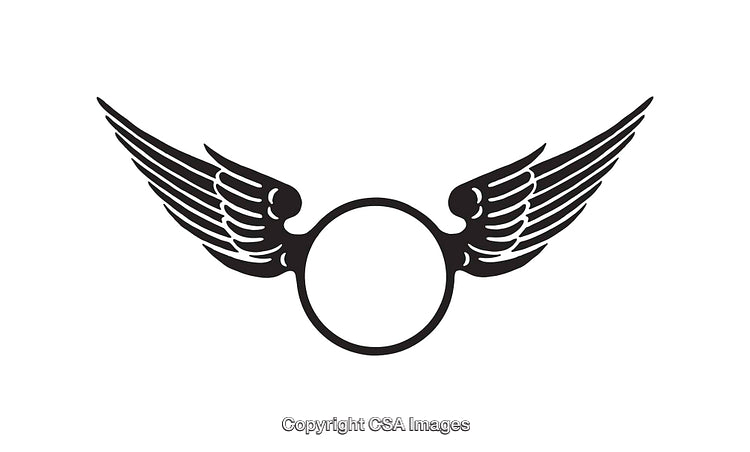 Black and White Line Art of Circular Emblem with Outspread Wings