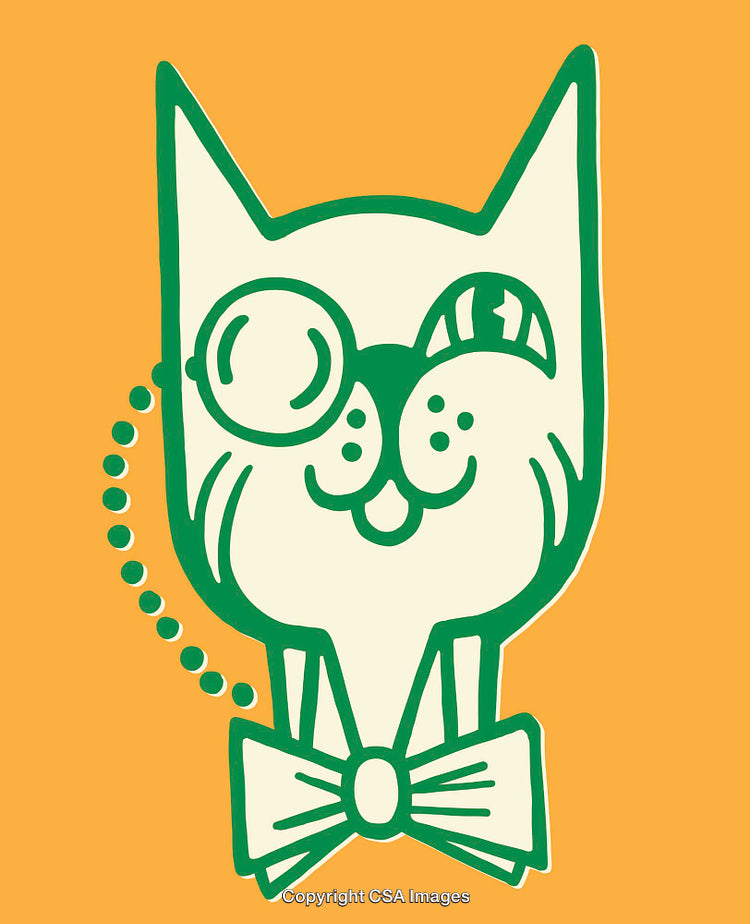Whimsical Green Cat Illustration with Monocle and Bowtie on Orange Background