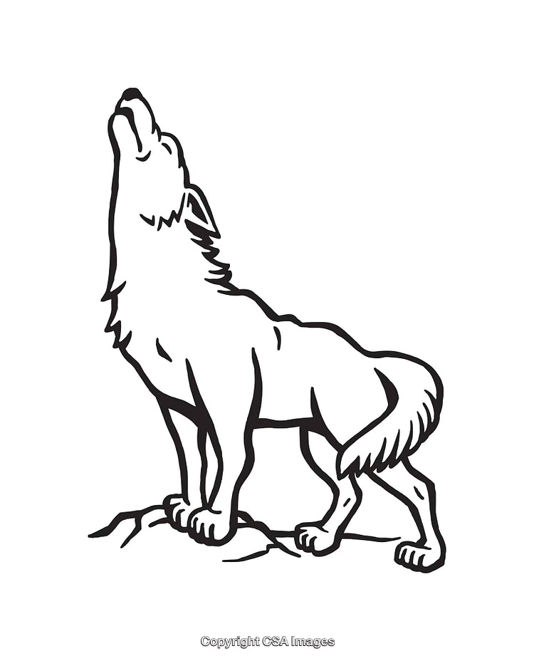 Black and White Line Art of Howling Wolf on Rock