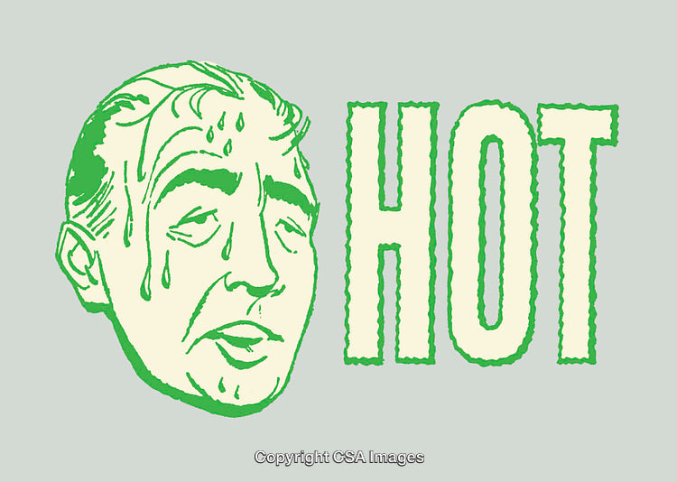 Retro Style Illustration Depicting A Sweating Face With Text Saying HOT