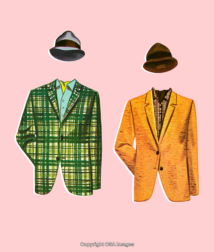 Vintage Illustration of Stylish Suits and Hats on Pink Background