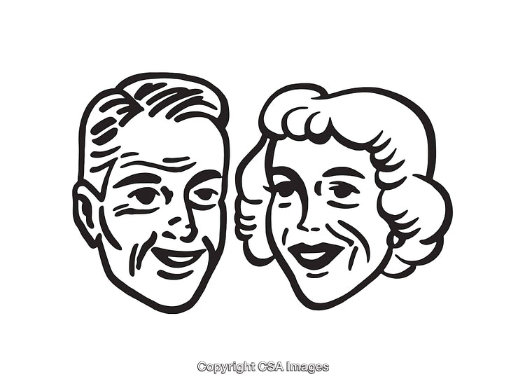 Retro Style Smiling Man and Woman Line Art Illustration in Black and White