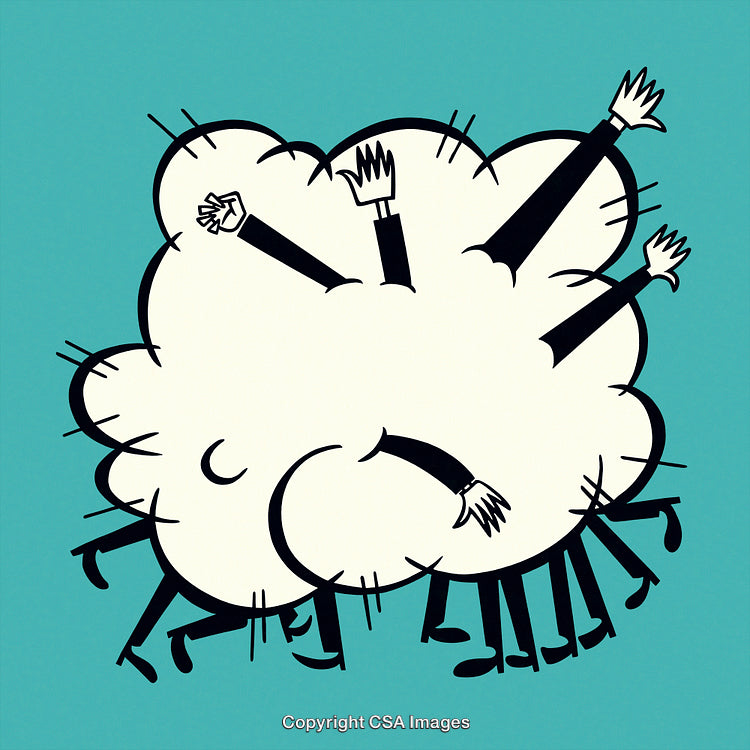 Cartoon Illustration of Conflict or Chaos with Characters in a Frenzied Group