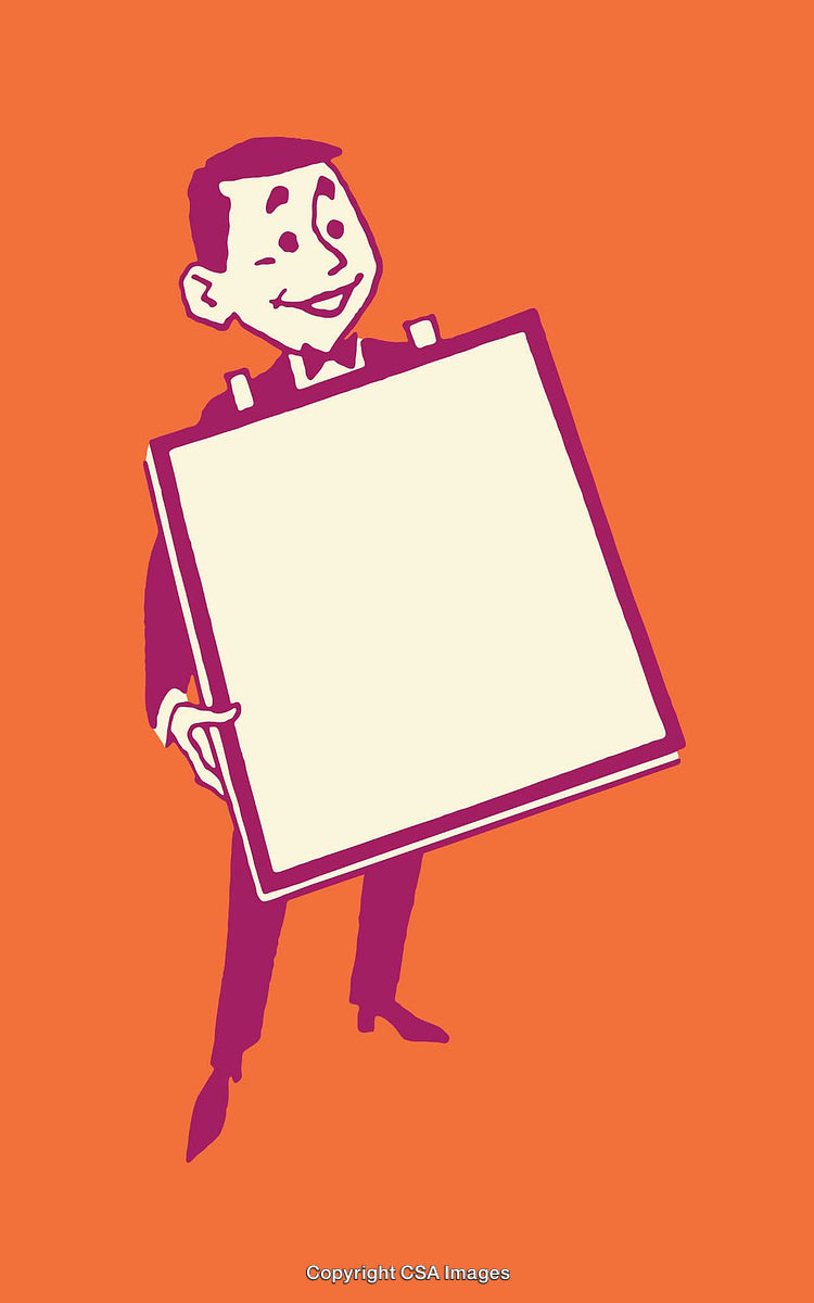 Retro Style Businessman Holding Blank Sign on Bold Orange Background