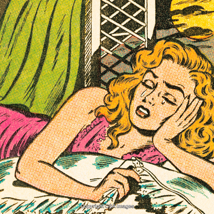 Vintage Comic Illustration of a Woman Reflecting in Bed