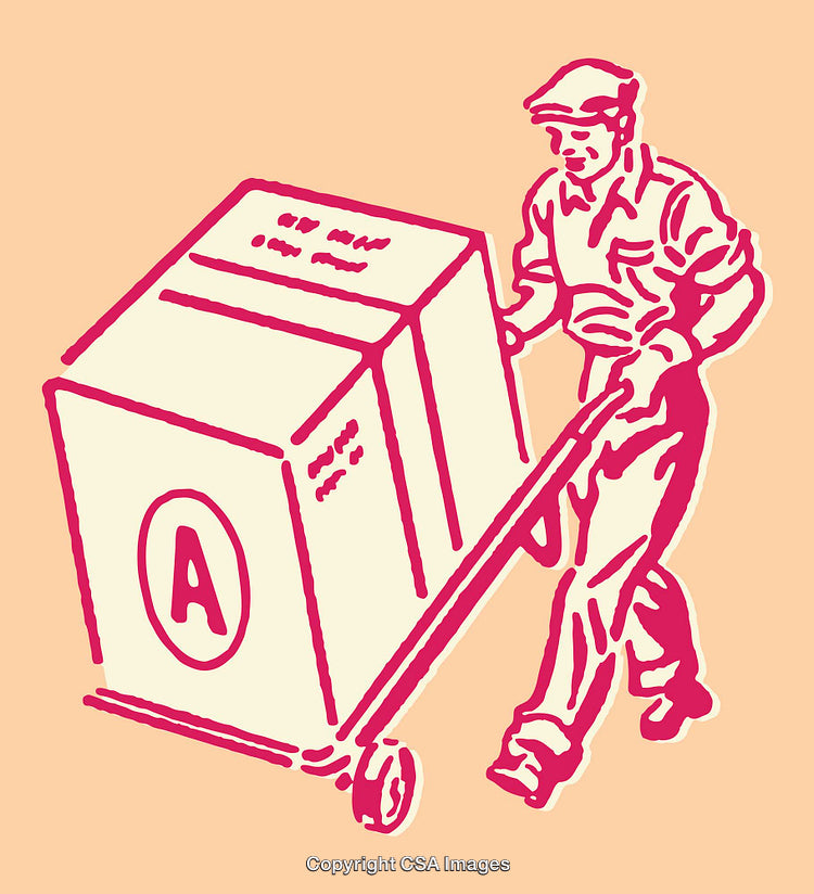 Vintage Illustration of Delivery Man Pushing a Cart with a Large Box