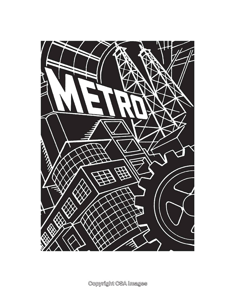 Black and White Line Art Depicting Urban Industrial Elements and Structures