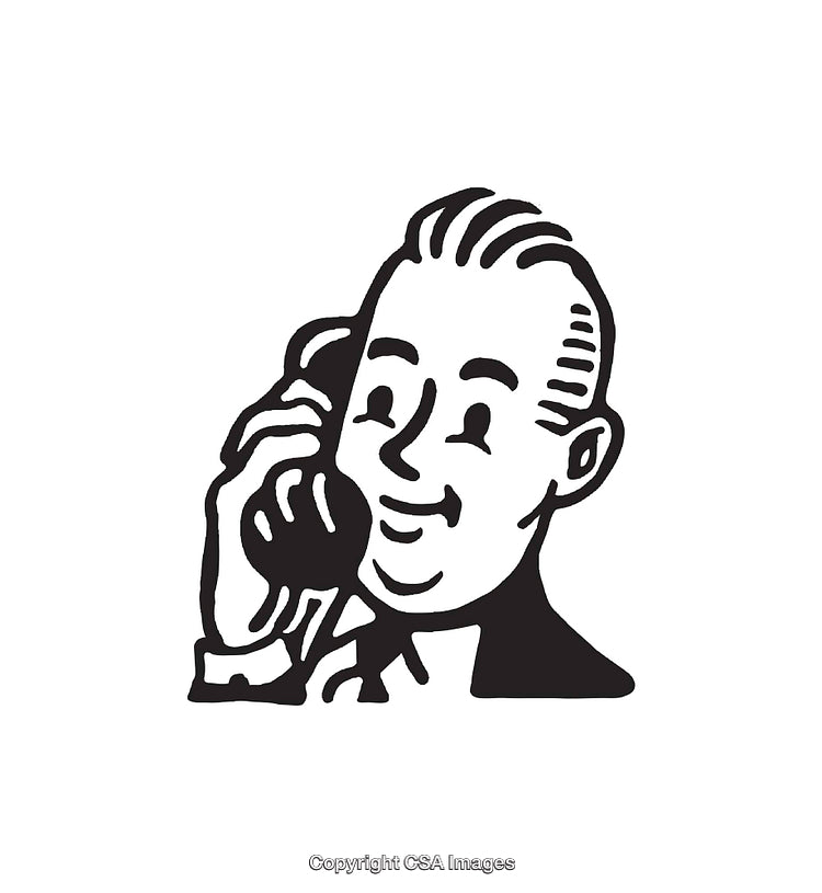 Vintage Black and White Illustration of Man Talking on Telephone