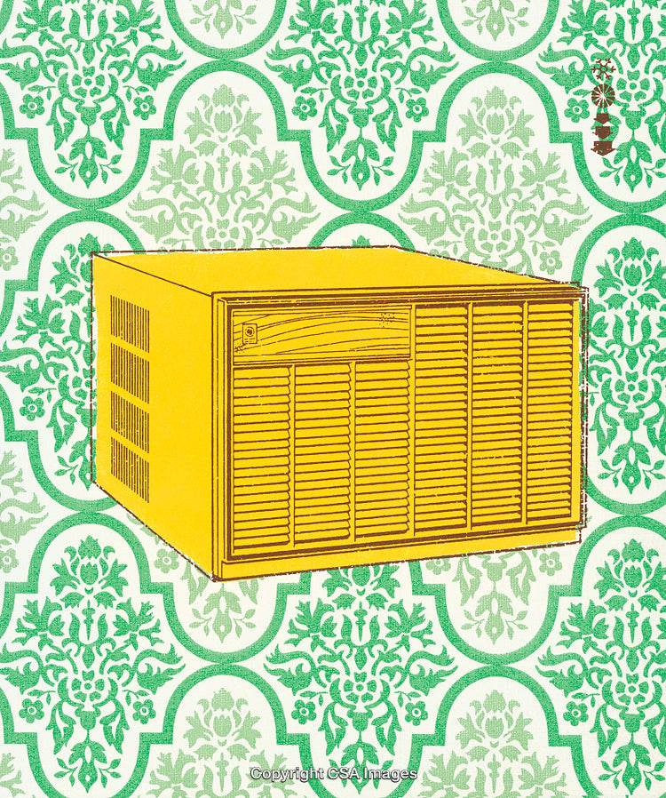 Yellow Vintage Appliance Over Green and White Ornamental Pattern Background