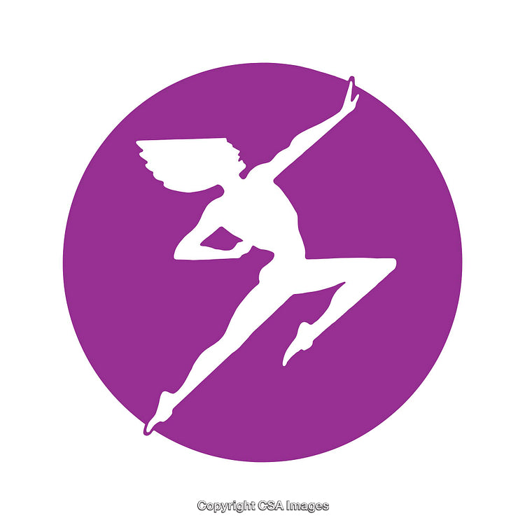 Purple Circle Icon Depicting a Winged Human in Dynamic Pose