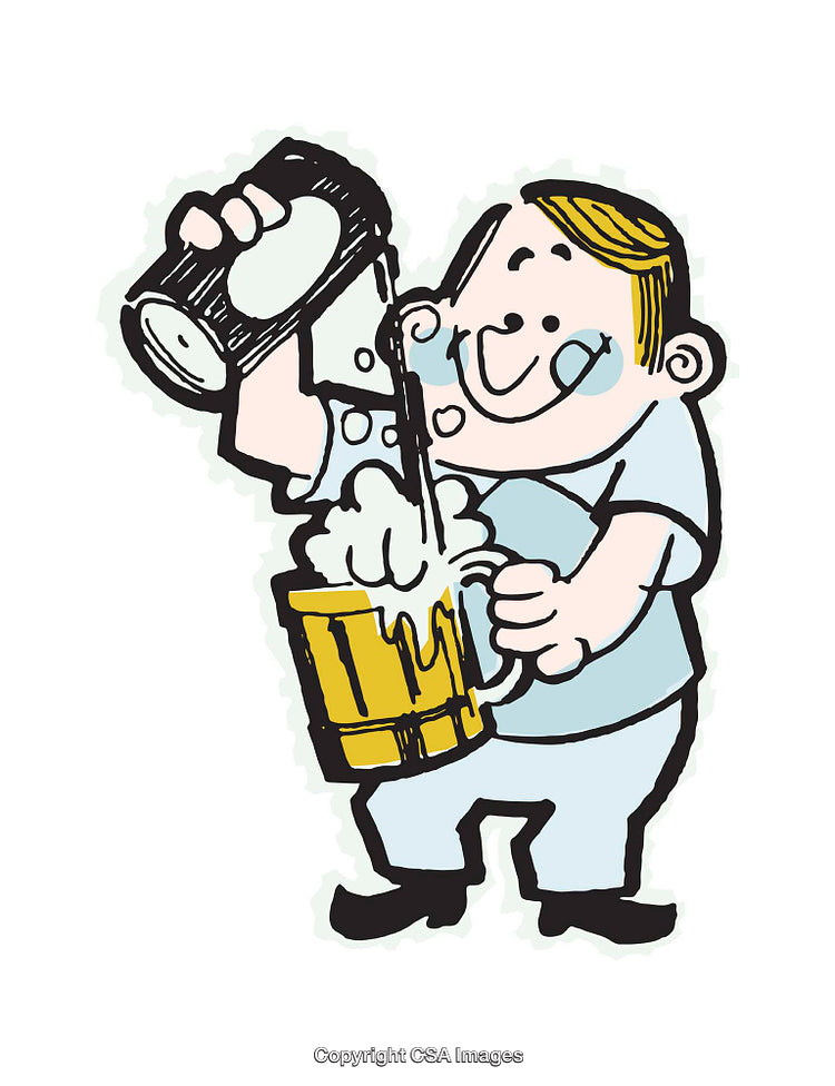 Smiling Cartoon Pouring Beer into Frothy Glass Mug Illustration