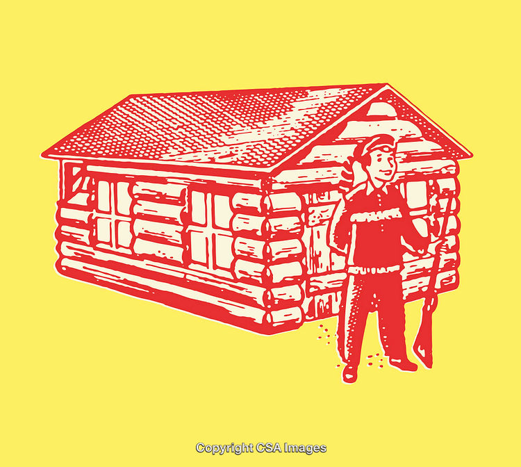 Rustic Cabin and Outdoorsman Illustrated in Bold Line Art Style