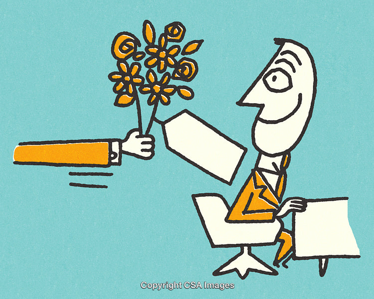 Cartoon Illustration of Business Person Receiving Gratitude with a Gesture of Flowers