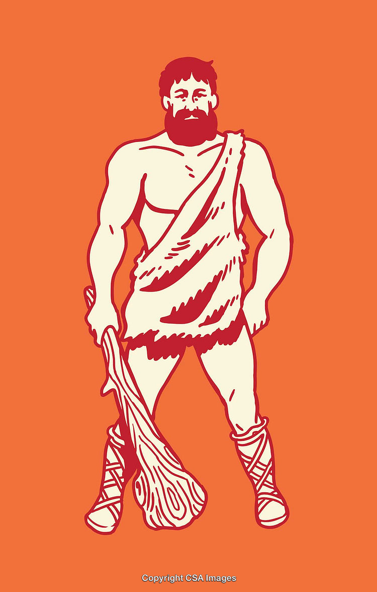 Bold Illustrated Caveman Holding Club in Vibrant Color Line Art Illustration